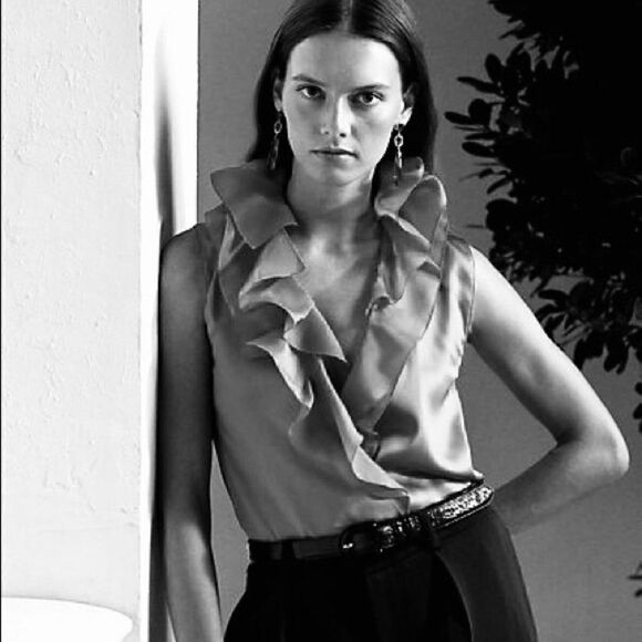 Ralph Lauren Spring ‘12 Collection Powder Blue Ruffle-Trim Silk Charmeuse Blouse - Picture 8 of 12